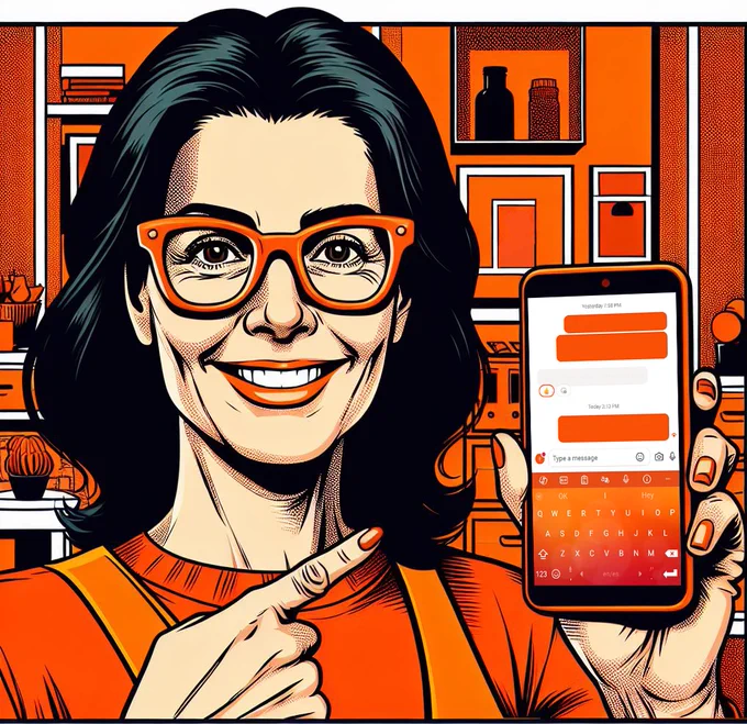 A woman in all red in a room filled with red items holds up a phone with a custom red keyboard.