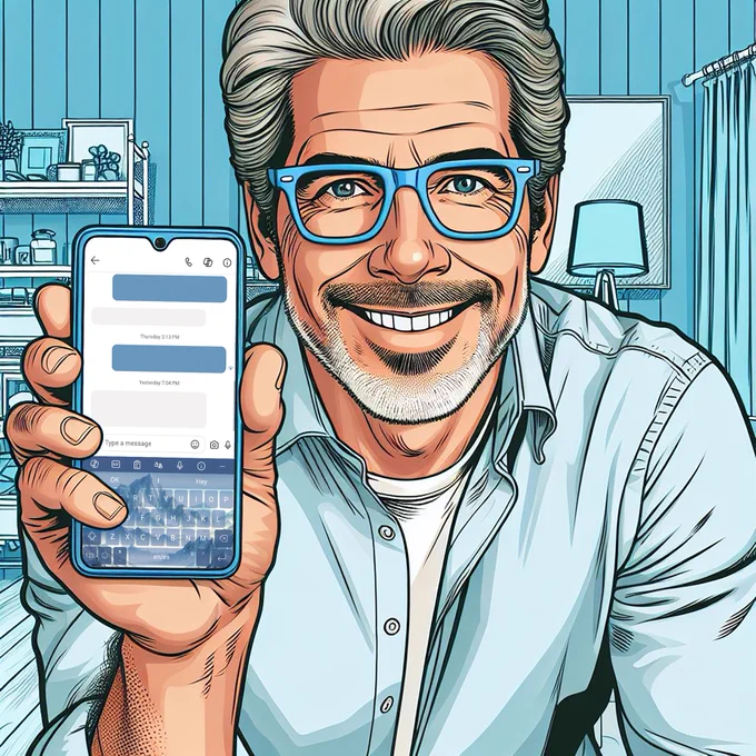 A man dressed in all blue and in a room filled with blue items holds up a phone showing a custom blue keyboard theme.