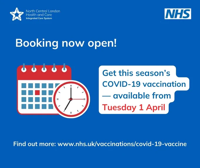 An image of a calendar page and clock face sit on a blue background beside a message that reads 'Booking now open! Get this season’s COVID-19 vaccination – available from Tuesday 1 April'.