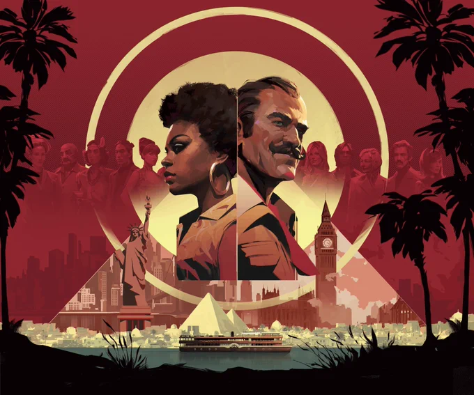 Stylized promotional art for the 'Death on the Nile' video game featuring two protagonists side by side against a dramatic red and gold background. On the left is a Black woman with an afro hairstyle (likely Jane Royce), and on the right is a man with a mustache (Hercule Poirot). Behind them are silhouettes of suspects, and below are iconic locations including the Statue of Liberty, Big Ben, Egyptian pyramids, and a steamboat on the Nile. Palm tree silhouettes frame the composition.