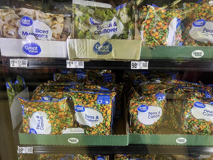 Frozen vegetable freezer section showing roughly $1 per pound of vegetables