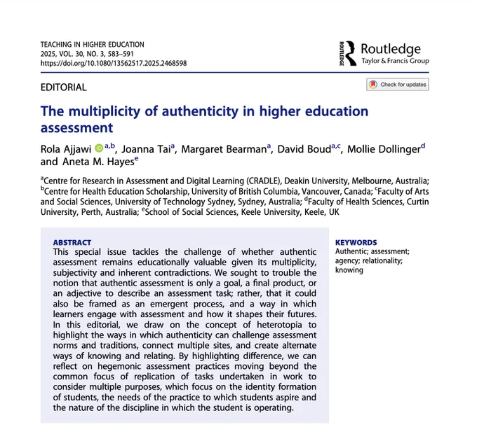 A screenshot of the first page of the article from the journal Teaching in Higher Education: Critical Perspectives titled: The multiplicity of authenticity in higher education assessment by Rola Ajjawi, Joanna Tai, Margaret Bearman, David Boud, Mollie Dollinger and Aneta M. Hayes. The screenshot includes the abstract of the article (available via the link).