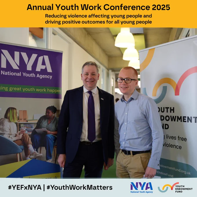 Image of Leigh Middleton OBE (NYA) and Jon Yates (YEF) at the YEFxNYA Annual Youth Work Conference 2025 on reducing violence affecting young people and
driving positive outcomes for all young people.