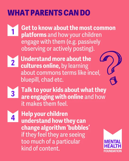 Graphic with text: “What parents can do: 1/ Get to know about the most common platforms and how your children engage with them (e.g. passively observing or actively posting).  

2/ Understand more about the cultures online, by learning about commons terms like incel, bluepill, chad etc. 

3/ Talk to your kids about what they are engaging with online and how it makes them feel. 

4/ Help your children understand how they can change algorithm ‘bubbles’ if they feel they are seeing too much of a particular kind of content. 