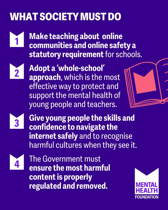 Graphic with text: “What society must do: 1/ Make teaching about online communities and online safety a statutory requirement for schools. 

2/ Adopt a ‘whole-school’ approach, which is the most effective way to protect and support the mental health of young people and teachers. 

3/ Give young people the skills and confidence to navigate the internet safely and to recognise harmful cultures when they see it.  

4/ The Government must ensure the most harmful content is properly regulated and removed. 