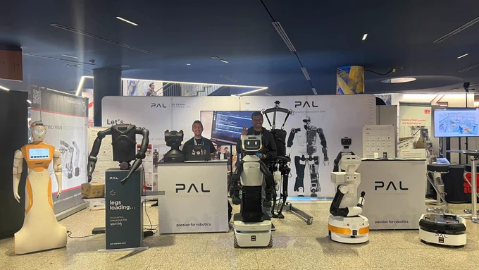 PAL Robotics booth 23 and 24 at the European Robotics Forum 2025 in Stuttgart with the AI social robot ARI, the dynamic biped platform Kangaroo, the mobile manipulators TIAGo Pro and TIAGo, together with the mobile base for research TIAGo Base AI