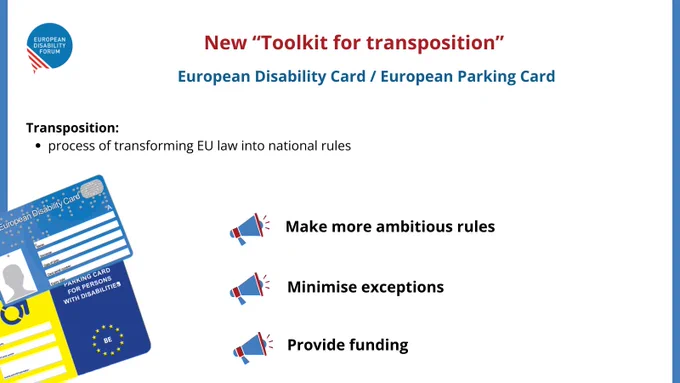 Illustration with a disability card and parking card and information on our demands:
Make more ambitious rules
Minimise exceptions
Provide funding
