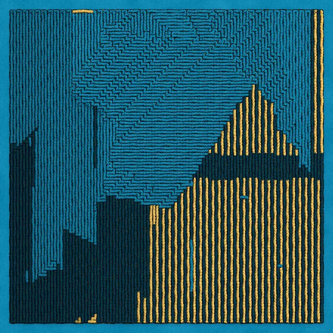 A square teal composition with intricately patterned teal and gold lines forming geometric shapes. Vertical stripes of gold on the right suggest a stylized skyline, while zigzag contours in the teal areas create a textured, tapestry-like effect. The overall piece evokes both an abstract cityscape and a woven pattern.