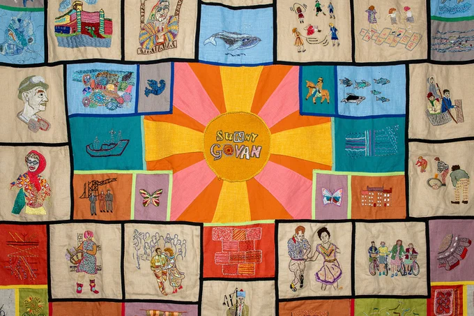 Embroidered tapestry of scenes of Sunny Govan, people enjoying everyday life, animals, landmarks 