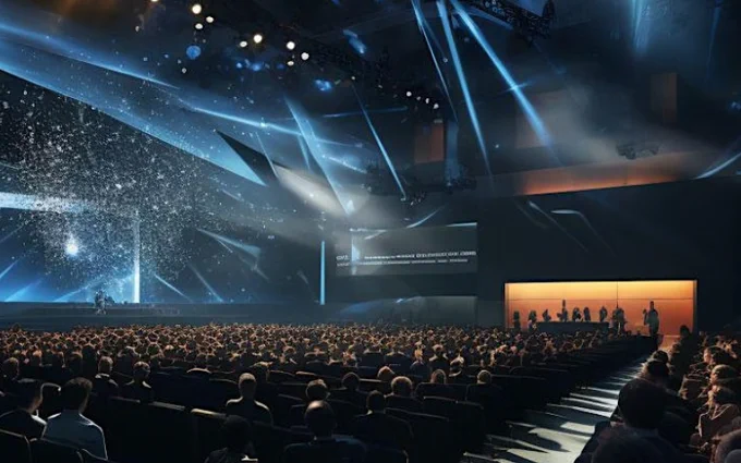 A large conference hall filled with a seated audience facing a stage. The stage features cold blue lighting with beams and sparkling effects creating an exciting, high-tech atmosphere. A screen displays text, while silhouettes of people are visible at the side.