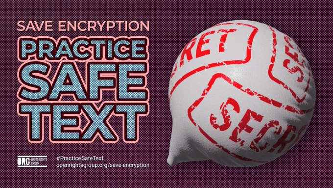 Image: 3D inflated message bubble with 'Secret' stamps on it. Text: Save Encryption – Practice Safe Text