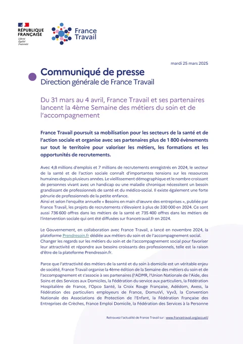 Communiqué de presse - Direction générale de France Travail "Du 31 mars au 4 avril, France Travail et ses partenaires lancent la 4eme Semaine des métiers du soin et de l'accompagnement"