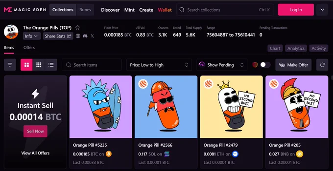 Mockup example of The Orange Pills (TOP) Bitcoin Ordinals on Magic Eden with cross chain listings on Solana, Base and BNBChain via Beyond Tech and LayerZero Core