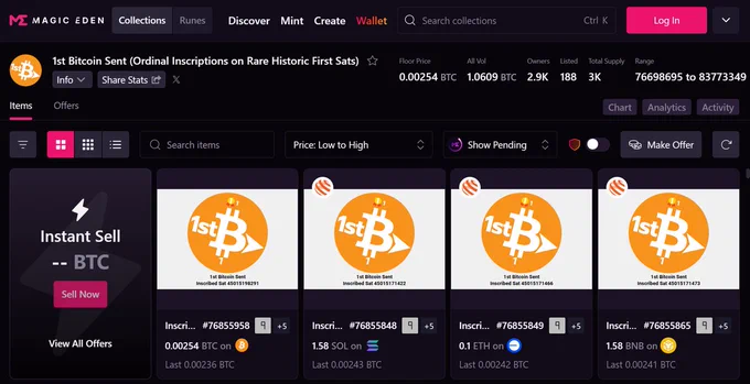 Mockup example of 1st Bitcoin Sent Bitcoin Ordinals on Magic Eden with cross chain listings on Solana, Base and BNBChain via Beyond Tech and LayerZero Core