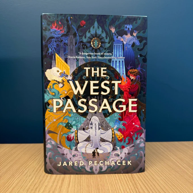 A copy of The West Passage by Jared Pechaček standing in front of a blue wall.