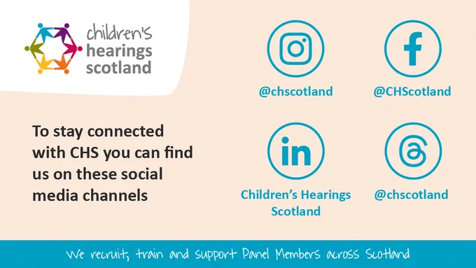 Text: To say connected with CHS you can find us on these social media channels. Instagram, Facebook and Threads (all as chscotland), and LinkedIn as Children's Hearings Scotland.
