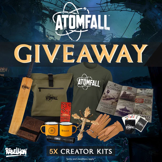 Promotional image for an "Atomfall Giveaway" featuring five creator kits. The kit includes a number of Atomfall branded items, including: A backpack, t-shirt, gloves, notebook, and more. A mutated crevice in a concrete building and debris set the background scene with a blue hue. Terms and conditions apply.
