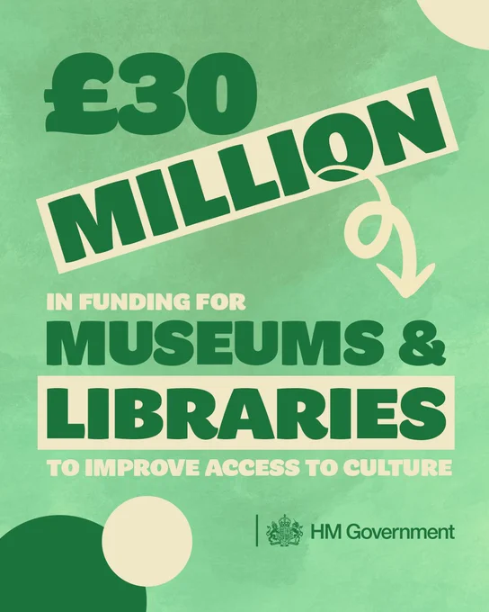 graphic reading '£30 million in funding for museums & libraries to improve access to culture'