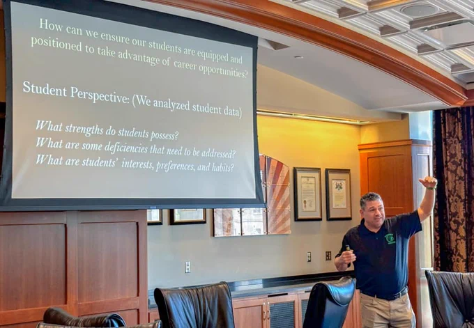A man animatedly presents to an audience in front of a screen that reads: “How can we ensure our students are equipped to take advantage of career opportunities? Student Perspective: (We analyzed student data) What strengths do students possess? What are some deficiencies that need to be addressed?