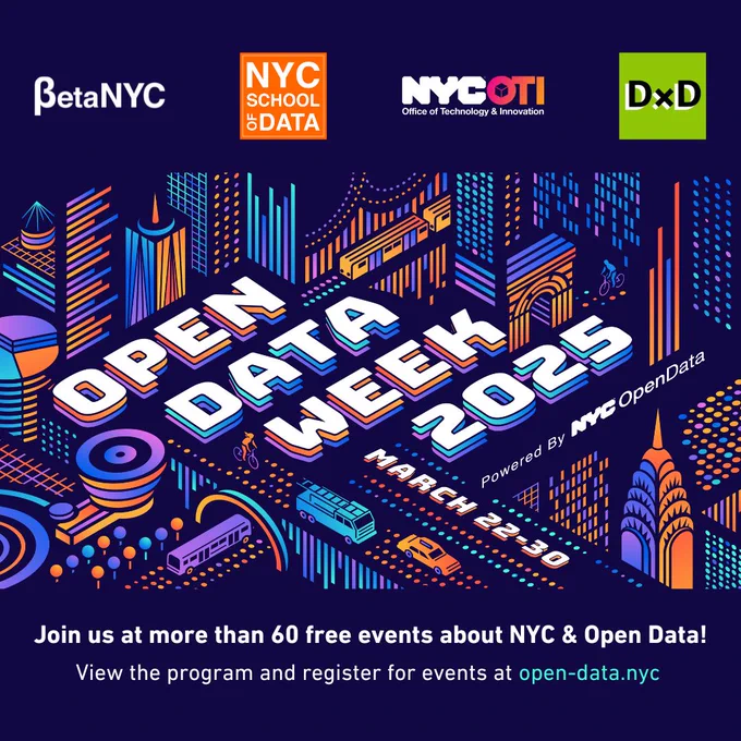 A vibrant digital illustration promoting Open Data Week 2025, featuring stylized New York City landmarks, vehicles, and cyclists in neon colors. The event is powered by NYC OpenData and takes place from March 22-30. text reads: Join us at more than 60 free events about N Y C and open Data