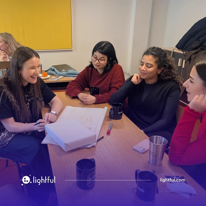 Four Lightful team members sitting at a desk smiling
