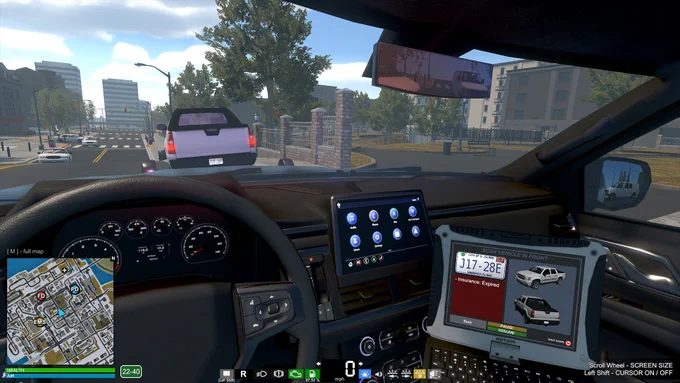 A screenshot from the game Flashing Lights. The screenshot is from 1st person perspective, showing a police car dashboard with a police computer near the driver's seat. A city environment and a car can be seen through the windshield.