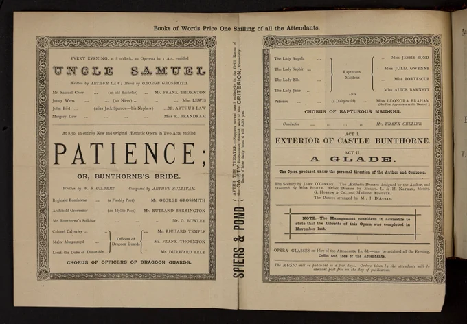 Advertisement for a play titled, with various character names listed alongside the cast, including details about the setting and music associated with the production.