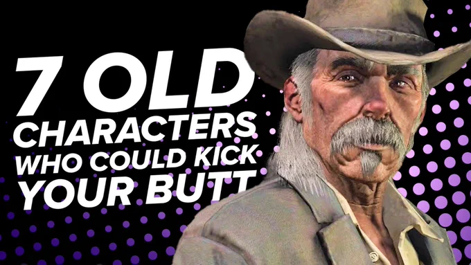 Text reads: "7 Old Characters who could kick your butt", next to an image of a older man with a neat grey bristly moustache and soul patch, long grey hair, a cowboy hat and a duster jacket, aka Landon Ricketts from Red Dead Redemption.