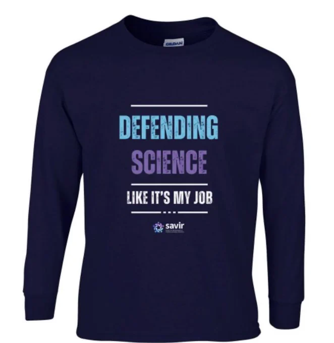 Navy blue shirt with text "Defending Science Like It's My Job" 