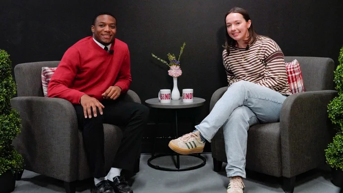 Kivonte Houston (left) and MaKenna Maschino (right) pose for the camera on the set of Hounds on Hounds after their discussion.