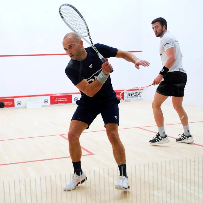 Gregoire Marche in action against Nick Wall during their round one match at the Optasia Championships