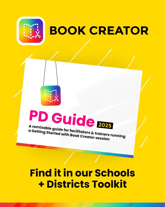Bright promotional image for Book Creator’s 2025 PD Guide. The background is yellow with white diagonal lines. A tilted white booklet labeled "PD Guide 2025" hangs from strings with the Book Creator logo above.