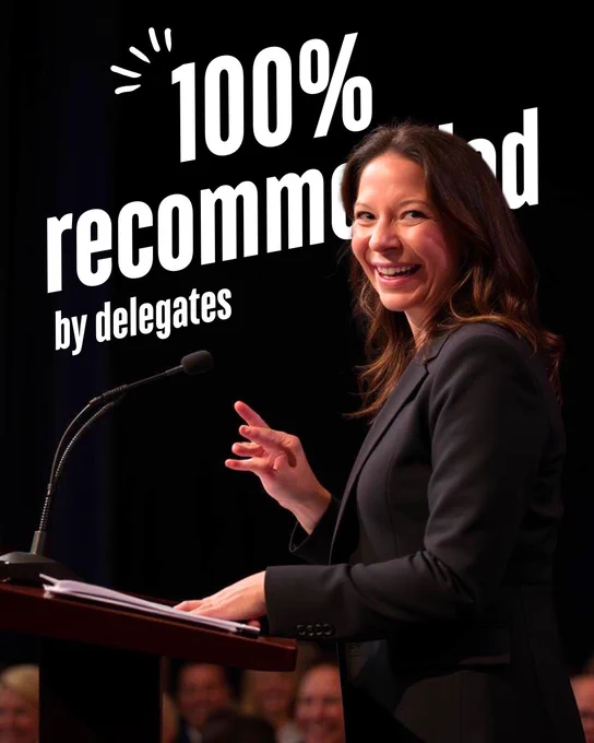 a woman at a podium with text reading 100% recommended by delegates 