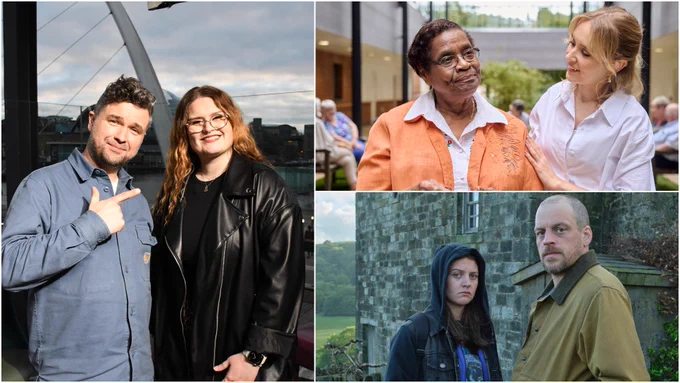 Three images from upcoming BBC content, featuring a photo of screenwriter and director Charlie Swinbourne with BBC See Hear presenter Amy Murray; a photo from Rose Ayling-Ellis’ new series; and a first-look image of upcoming drama, Reunion. 