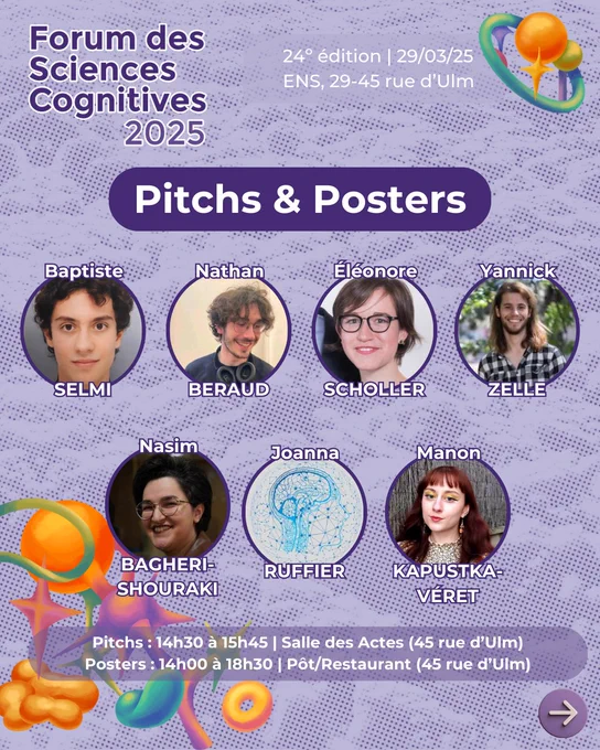 Affiche présentant les intervenants de la session “pitchs & posters” du Forum des Sciences Cognitives 2025. Toutes les informations sont sur le lien "FSC 2025 Billetterie" dans notre bio.