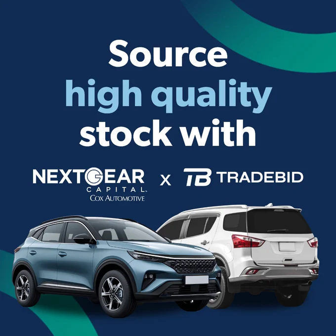 Promotional image featuring two cars, a blue one and a white one, with the logos of NextGear Capital and Cox Automotive Tradebid highlighted in the background.