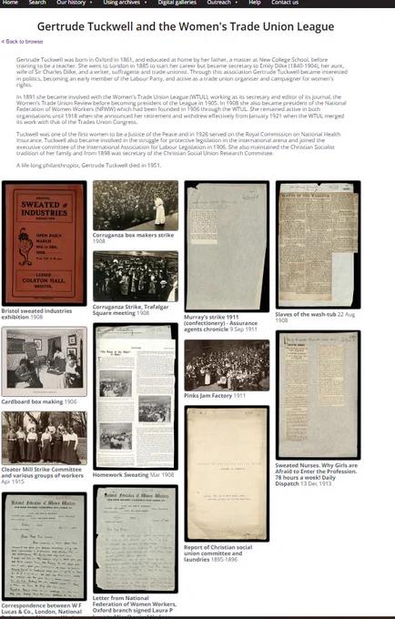 Screenshot of Gertrude Tuckwell and the Women's Trade Union League page, with 12 images of photographs or document covers