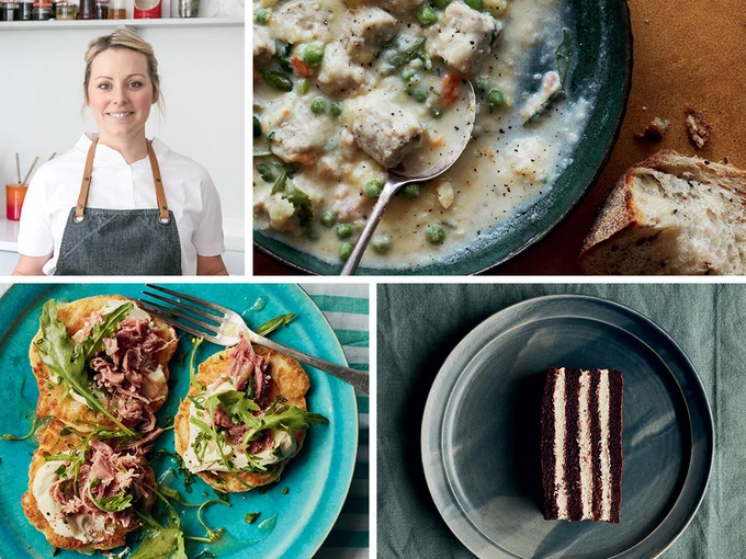 Clockwise from top left: author Anna Haugh, coddle, Guinness chocolate cake, and boxty pancakes with ham hock and chive crème fraîche
