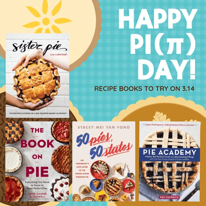 A colorful graphic celebrating Pi Day with text that reads "Happy Pi (π) Day!" at the top. Below, there are four cookbooks featuring pie recipes
