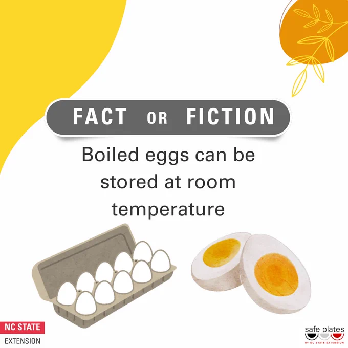 1/3: FACT or FICTION. Boiled eggs can be stored at room temperature
2/3: Fact. Boiled eggs can be stored at room temperature. However, it depends on how the eggs are cooked.
3/3: Hard boiled eggs with intact shells can be left at room temperature if they are cooked properly. 
To cook safely, place eggs in water, bring them to a boil for 5 min., allow eggs to rest in the water for 10-12 minutes and then air cool on a rack or towel with shell on. If an egg's yolk is not cooked solid, throw it out.