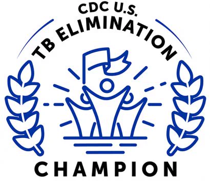 CDC U.S. TB Elimination Champion. Three stick figures with their arms raised. 