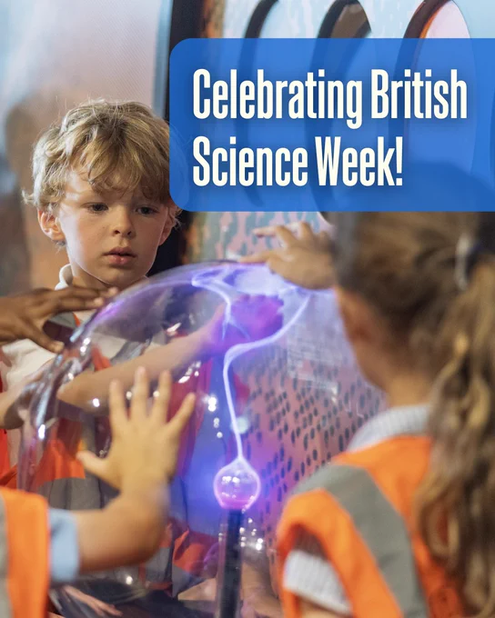 A photo of children playing with an electric ball, captioned 'Celebrating British Science Week!'