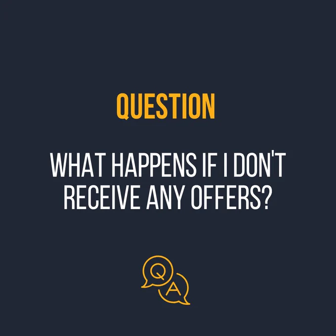 An image featuring a question "What happens if I don't receive any offers?" with a QA icon at the bottom. The background is dark.
