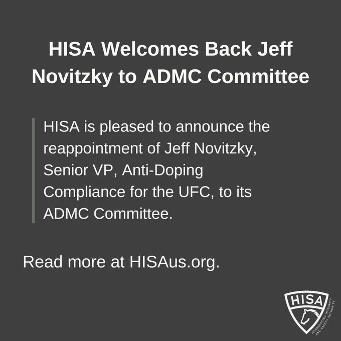 Graphic announcing HISA welcomes Jeff Novitzky back to the ADMC Committee, detailing his role as Senior VP of Anti-Doping Compliance for the UFC. Includes a link to read more at HISAus.org.
