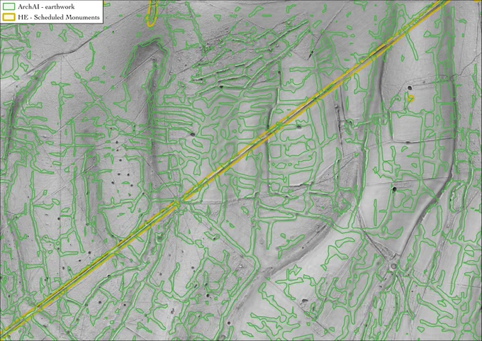 AI detections of earthworks, mainly prehistoric field systems.
