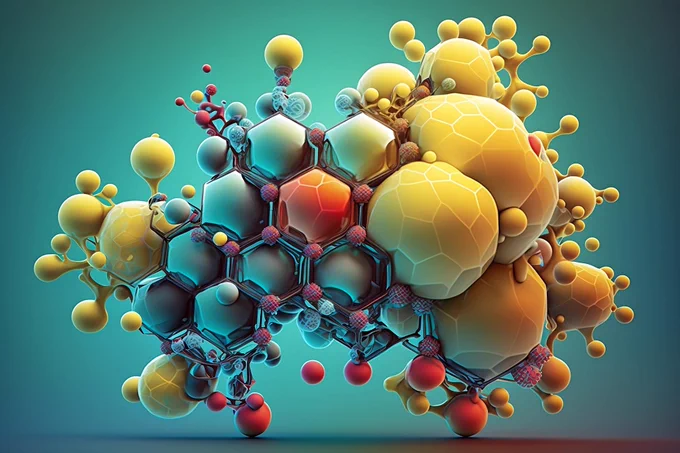 Abstract collage of nanoparticles and molecules, AI generated