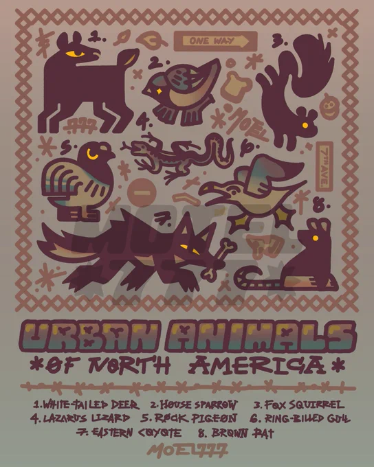 A print of 8 animals you commonly find in North American cities. The text reads "URBAN ANIMALS OF NORTH AMERICA", and includes: 1. White-Tailed Deer 2. House Sparrow 3. Fox Squirrel 4. Lazarus Lizard 5. Rock Pigeon 6. Ring-Billed Gull 7. Eastern Coyote 8. Brown Rat
