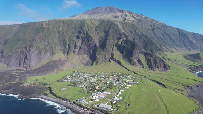 View of the landslide and rockfall prone slopes behind the settlement, Tristan da Cunha.