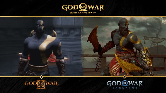 Kratos in God of War II with the Dark Odyssey skin on the left. On the right is Kratos in  God of War Ragnarök using the Dark Odyssey Appearance inspired by the original. 