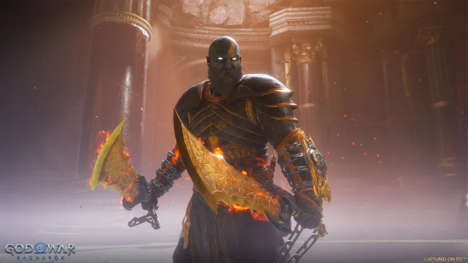 Kratos using the Dark Odyssey Appearance with the Dark Odyssey armor set, all themed with black and gold. 